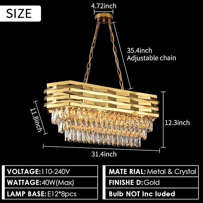 Gold Modern Crystal Chandeliers for Dining Room 8-Light Gold Chandelier Living Room Dining Room Chandelier Oval Ceiling Hanging Light Pendant Light Fixture for Kitchen Island Bar L32 inch