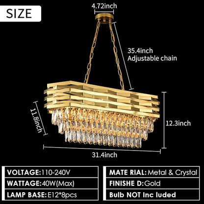 Gold Modern Crystal Chandeliers for Dining Room 8-Light Gold Chandelier Living Room Dining Room Chandelier Oval Ceiling Hanging Light Pendant Light Fixture for Kitchen Island Bar L32 inch