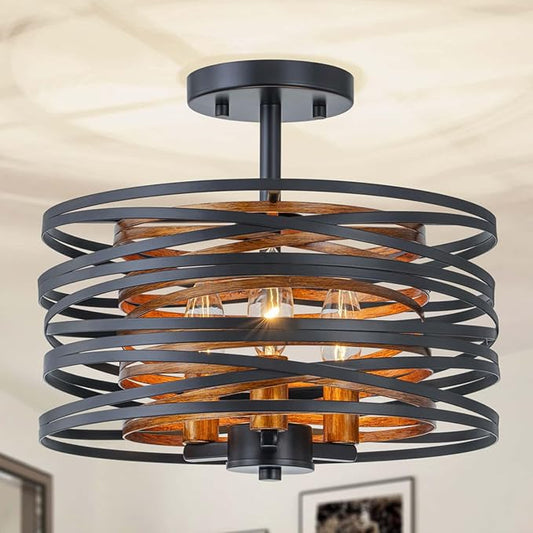 LumFurn D13 inch Farmhouse Ceiling Light, 3-Light Rustic Design Semi-Flushmount Close to Ceiling Light Fixture, for Living Room, Foyer, Bedroom, D12.6 x H11 in, Matte Black & Wood Texture Finish