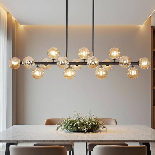 Large Linear Chandeliers for Dining Room Kitchen Island, 55" Long Light Fixture Over Table, 16-Light Modern Globe Sputnik Farmhouse Chandelier, Black and Amber Bubble, GC-08