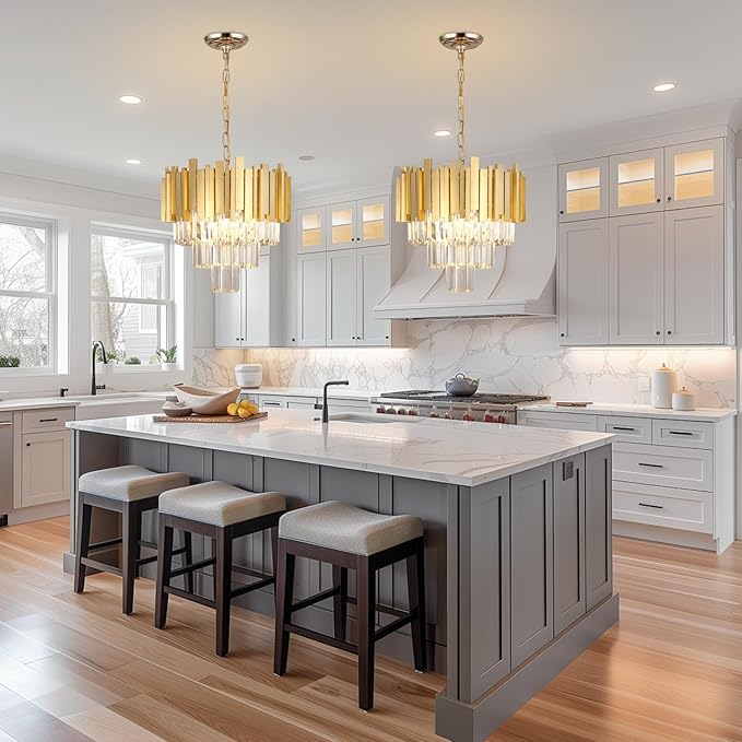 Gold Luxury Crystal Chandelier Modern Hanging Chandelier Light,E12*5-Light Adjustable Chain Pendant Light Fixture for Dining Room Living Room Foyer Bedroom W15.7in