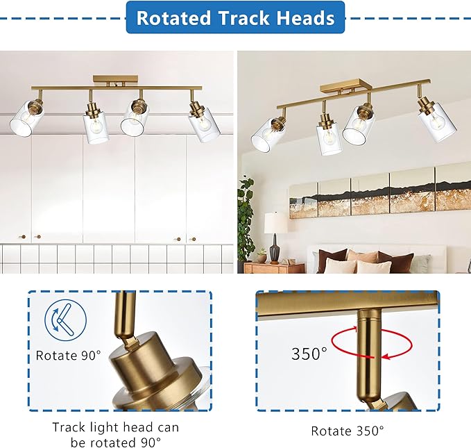 MELUCEE 4 Light Track Lighting Kit Brass Bathroom Vanity Light Fixtures with Adjustable Track Head Ceiling Spotlight Fixture for Hallway Porch Foyer Storage, Clear Glass Shade