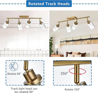 MELUCEE 4 Light Track Lighting Kit Brass Bathroom Vanity Light Fixtures with Adjustable Track Head Ceiling Spotlight Fixture for Hallway Porch Foyer Storage, Clear Glass Shade