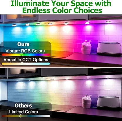 AIBOO Under Cabinet Lighting Kit, 16 Pack Dimmable RGB and CCT LED Puck Lights with Timer Function, Wireless Remote Control, Linkable Design, Ideal for Kitchen, Living Room, and Display Shelves