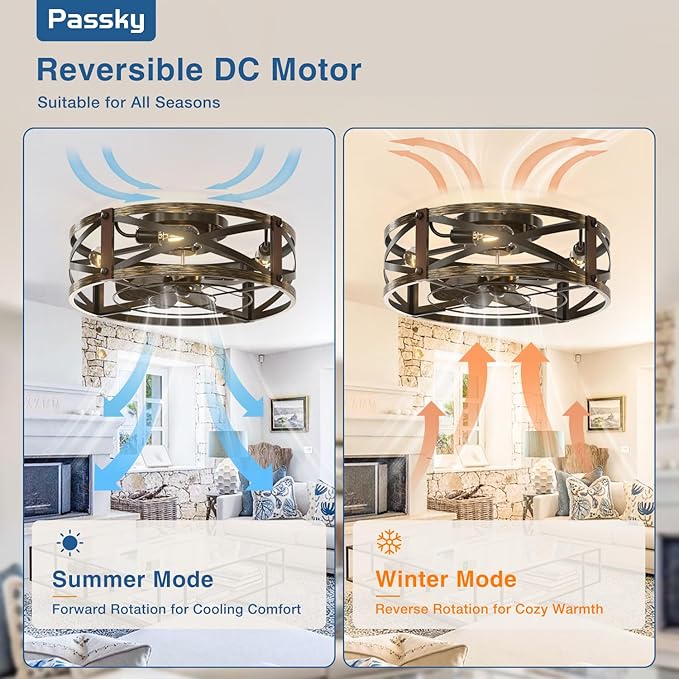 Passky 20" Farmhouse Flush Mount Ceiling Fans with Lights and Remote, Industrial Black Caged Low Profile Fandelier, 6 Speeds Bladeless Ceiling Fan for Bedroom, Kitchen, Living Room