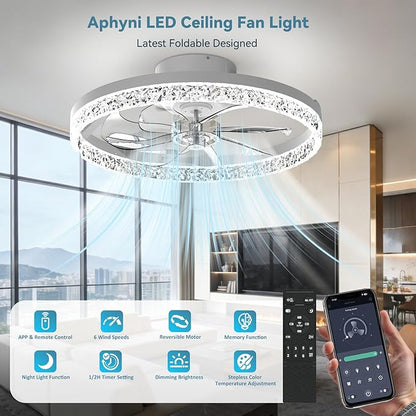 AIKVSXER Ceiling Fans with Lights,20 Inch Low Profile Fandelier with APP Control, Ultra Quiet,3CCT and 6 Wind Speeds for Bedroom, Living Room Modern Flush Mount Fan Light (White, 20inch-Crystal Fold)