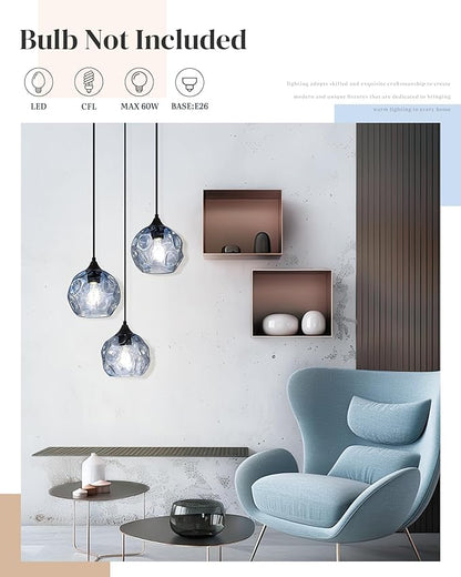 Emliviar 3-Light Globe Hanging Lights, Foyer Chandeliers with Hammered Glass Shade, Cluster Hanging Lights in Blue Finish, DYE287G1-3 BK