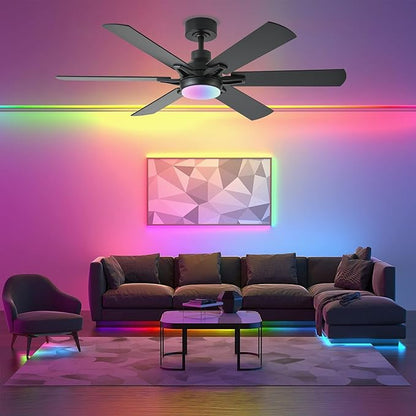 52in Ceiling Fans with Lights RGB Ceiling Fan with Light and Remote/APP Control,Low Profile Ceiling Fans with Lights for Bedroom,Living Room,Kids Room,3CCT Dimmable Modern Ceiling Fan, 6 Speeds,black