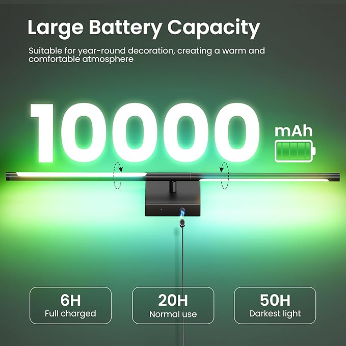 Battery Operated Wall Sconces Set of Two, 10000mAh Rechargeable Wall Lights with Remote Control, 360° Rotate Dimmable Black LED Cordless Lighting for Bedroom, Living Room, Hallway, 29 Inch, RGB