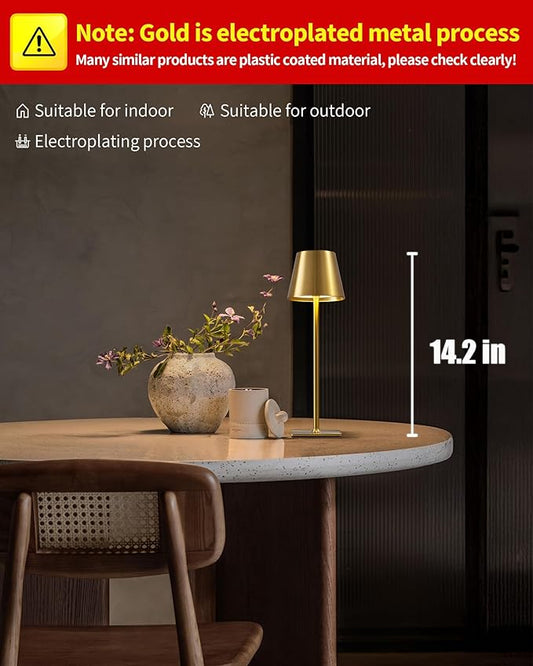 KDG 2 Pack Cordless Table Lamp,Portable LED Desk Lamp, 4000mAh Battery Operated, 3 Color Stepless Dimming Up, for Restaurant/Bedroom/Bars/Outdoor Party/Camping/Coffee Shop Night Light(Gold)