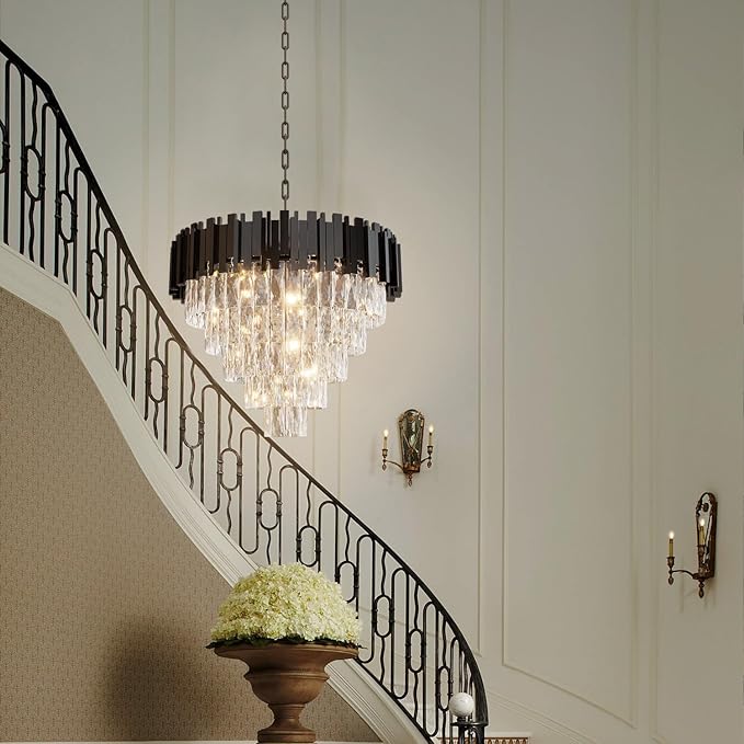 Modern Elegant Crystal Chandelier 24" Round K9 Crystal Ceiling Light Adjustable Black 5-Tier Chandelier with 10 Lights for Dining Room Living Room Foyer