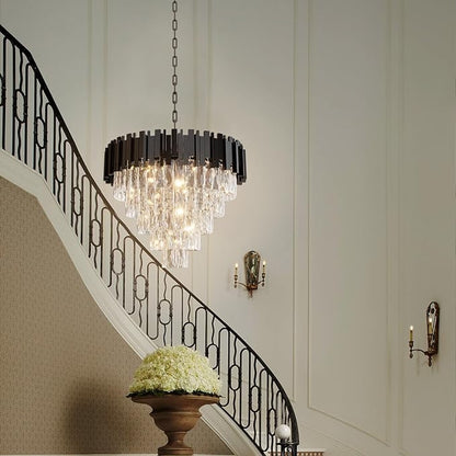 Modern Elegant Crystal Chandelier 24" Round K9 Crystal Ceiling Light Adjustable Black 5-Tier Chandelier with 10 Lights for Dining Room Living Room Foyer