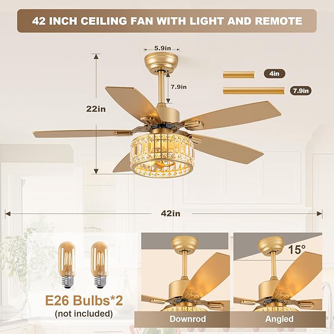 Chandelier Ceiling Fans with Lights and Remote,Caged Ceiling Fan with Light,App 5 Blades E26 Fandelier Ceiling Fans with Lights,Crystal Ceiling Fan for Bedroom,Living Room. (Gold, 42 Inch)