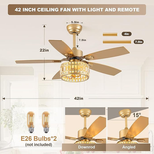 Chandelier Ceiling Fans with Lights and Remote,Caged Ceiling Fan with Light,App 5 Blades E26 Fandelier Ceiling Fans with Lights,Crystal Ceiling Fan for Bedroom,Living Room. (Gold, 42 Inch)