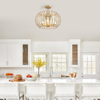 Modern Chandelier for Dining Room 17.7" Gold Crystal Pendant Lighting Fixture Rustic Round Metal Shade Hanging Ceiling 4-Light for Living Room Bedroom Kitchen Island Hallway