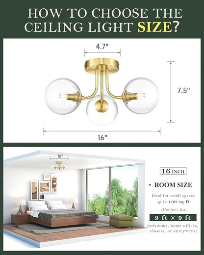 3-Globe Gold Flush Mount Ceiling Light in a Modern Farmhouse Design is Ideal for Living Rooms, Bedrooms, or Dining Rooms. Model:CKCL4845-3W-CLPG,(Bulb Incl)