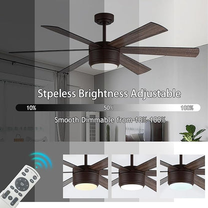 SHOWDI Ceiling Fan with Lights and Remote, 6 Blade App Control Timer Reversible Stepless Brightness and Color Temperature Outdoor Wood Ceiling Fan with Lights (Brown, 56 Inch)