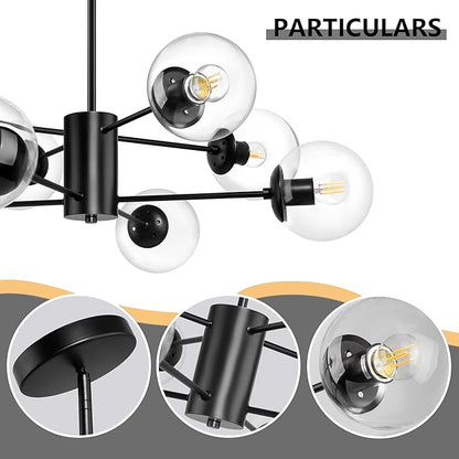 Bagood 8-Light Globe Sputnik Chandelier Mid Century Sputnik Chandeliers Modern Black Chandelier with Clear Globe Pendant Light Clear Glass Adjustable Hanging Ceiling Light for Living Dining Room