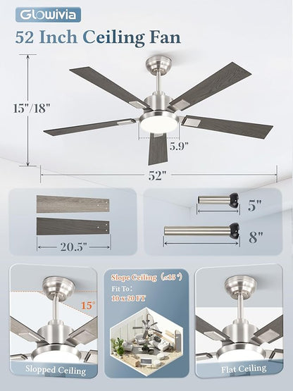 52 Inch Ceiling Fans with Lights and Remote&APP Control, Brushed Nickel Smart Ceiling Fan with 3000-6000K Dimmable, 6 Speeds Reversible, Indoor/Outdoor Ceiling Fan for Bedroom Living Room