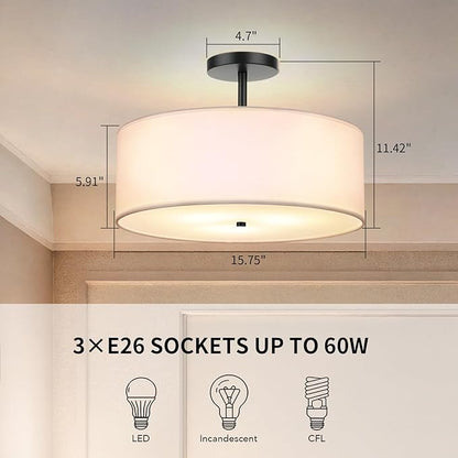 FRIDEKO HOME 3-Light Semi Flush Mount Ceiling Light, 15.74" Black Drum Light Modern with White Fabric Shade Lamps for Bedroom Living Room Kitchen Hallway Entryway Foyer