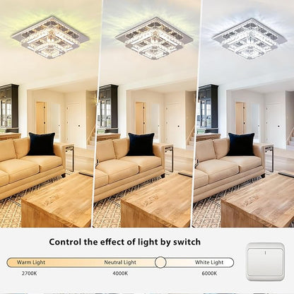 FRIXCHUR 12" Crystal Ceiling Light Crystal Chandelier LED Square Flush Mount Ceiling Light 2-Layer K9 Crystal Ceiling Fixture for Bedroom Living Room Dining Room Hallway Staircase Kitchen Closet