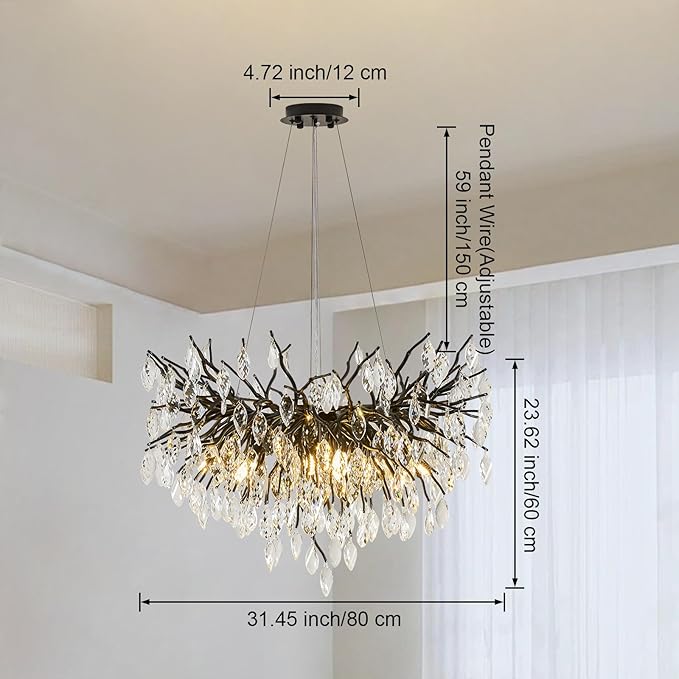 Black Tree Branches Chandelier, 31.5" Dining Room Light Fixture Over Table, Modern Living Room Chandeliers with K9 Crystal, 10-Light Round Chandelier for Kitchen Island, Bedroom, Entryway, Bathroom