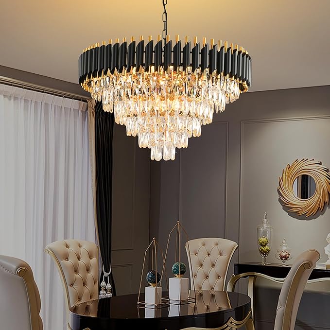 Modern Crystal Chandeliers for Dining Room Living Room 15-Light Black and Gold Chandelier Round 6 Tiers Large Contemporary Pendant Ceiling Hanging Light Fixture for Entryway Foyer Staircase W29”