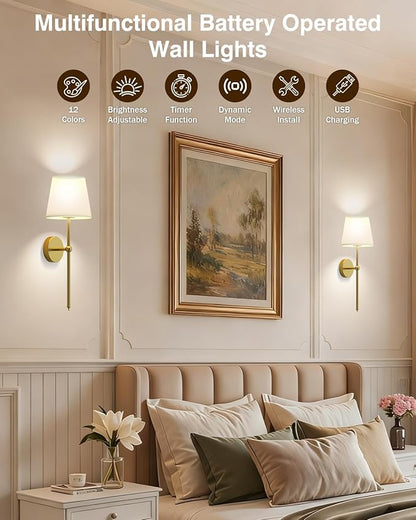 Abovizo Battery Operated Wall Sconce Set of Two, 12 Colors Wireless Wall Sconces with Remote Control, 5200mAh Rechargeable Wall Light for Bedroom Living Room Hallway