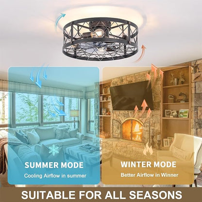 20" Farmhouse Flush Mount Caged Ceiling Fans with Lights, Rustic Low Profile Ceiling Fan with Remote, Quiet Reversible DC Motor Small Bladeless Enclosed Ceiling Fan for Bedroom Dining Room Kitchen
