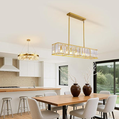 Siljoy Gold Crystal Chandelier for Dining Room, 7-Light Modern Rectangular K9 Crystal Raindrop Chandelier Pendant Ceiling Light Fixture for Living Room Kitchen Island, L47'' x W8.6'' x H8.6''