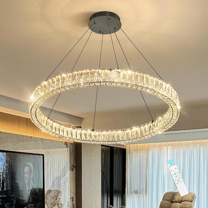 HAIXIANG Modern Crystal Chandelier Dimmable LED Ring Pendant Chandeliers Light Adjustable Glam Hanging Lighting Fixtures for Dining Room Living Room Bedroom Black Light