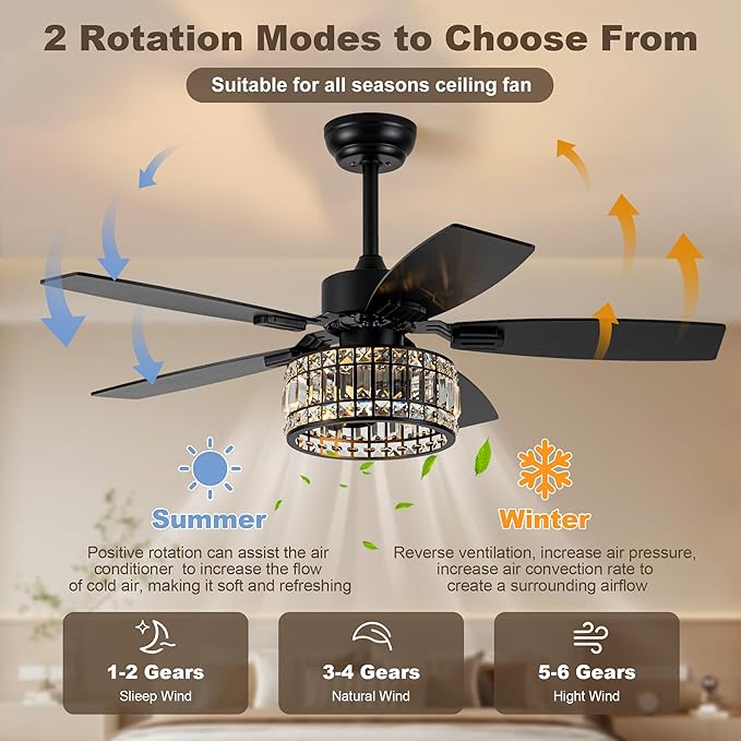 Chandelier Ceiling Fans with Lights and Remote,Caged Ceiling Fan with Light,App 5 Blades E26 Fandelier Ceiling Fans with Lights,Crystal Ceiling Fan for Bedroom,Living Room. (Black, 42 Inch)