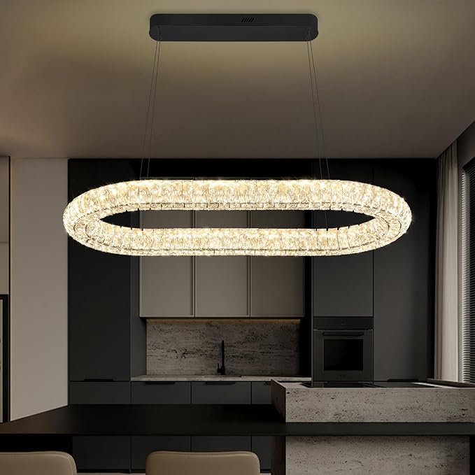 LED Crystal Ring Chandelier, 40'' Black Crystal Ring Pendant Light for Kitchen Island Modern Linear Oval Chandeliers for Dining Room Dimmable 3000K-6000K