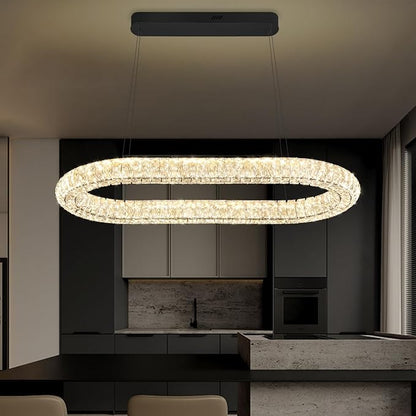 LED Crystal Ring Chandelier, 40'' Black Crystal Ring Pendant Light for Kitchen Island Modern Linear Oval Chandeliers for Dining Room Dimmable 3000K-6000K