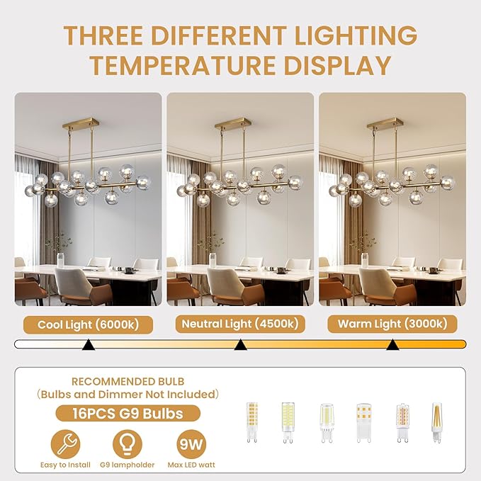 Brass Gold Rectangle Chandelier Modern Chandelier Smoke Grey Globe Glass Pendant Light Fixture Adjustable for Dining Living Room Kitchen Island Over Table 16-Light 50''