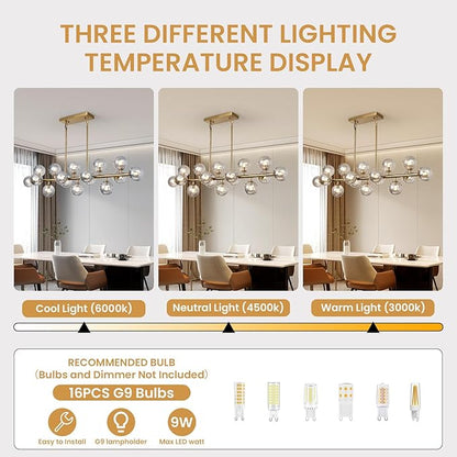 Brass Gold Rectangle Chandelier Modern Chandelier Smoke Grey Globe Glass Pendant Light Fixture Adjustable for Dining Living Room Kitchen Island Over Table 16-Light 50''