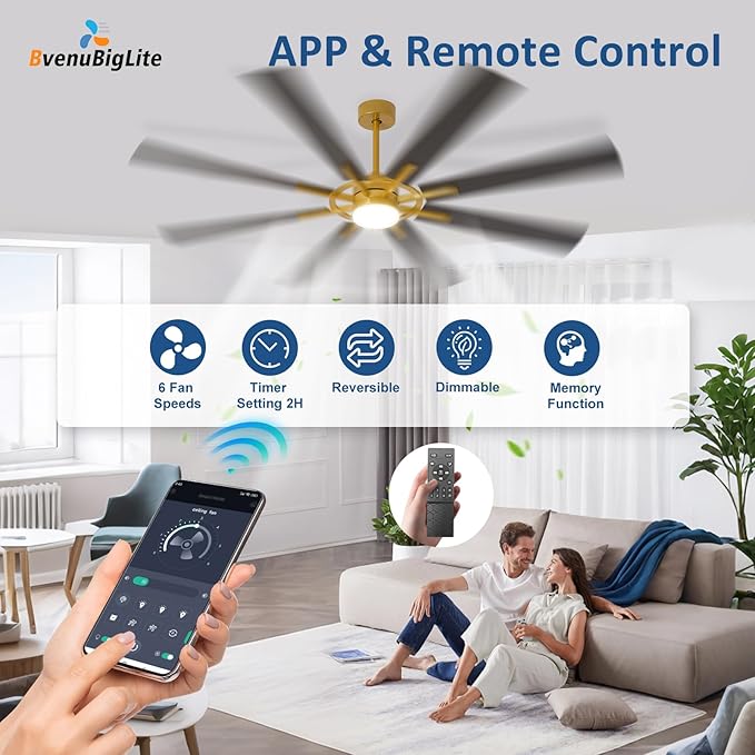 Large Ceiling Fans with Lights: Modern 72 Inch 8 Blade Outdoor Ceiling Fan with Remote APP Control - Dimmable Black Gold Big Fan light Indoor Reversible 6 Speed Quiet DC Motor