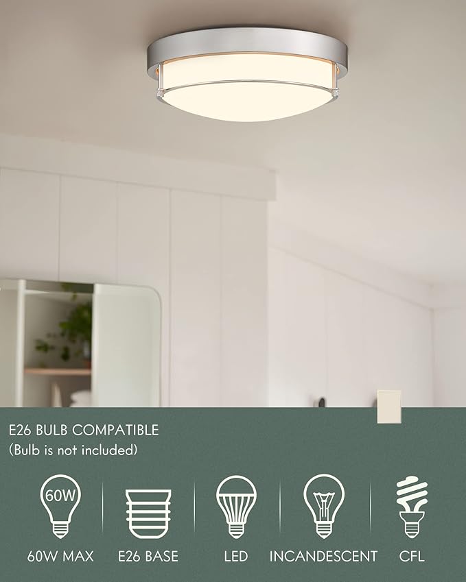Close to Ceiling Light Fixtures, Bushed Nickel Farmhouse Ceiling Light with 2 Light for Laundry Kitchen Bedroom Bathroom, 4822-BN