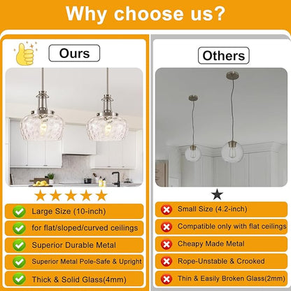 Modern Pendant Lights Kitchen Island, Brushed Nickel Pendant Light Fixtures with 10" Clear Hammered Glass Shade, Industrial Hanging Pendant Lights Fixture for Kitchen Island Dining Room Bedroom Foyer