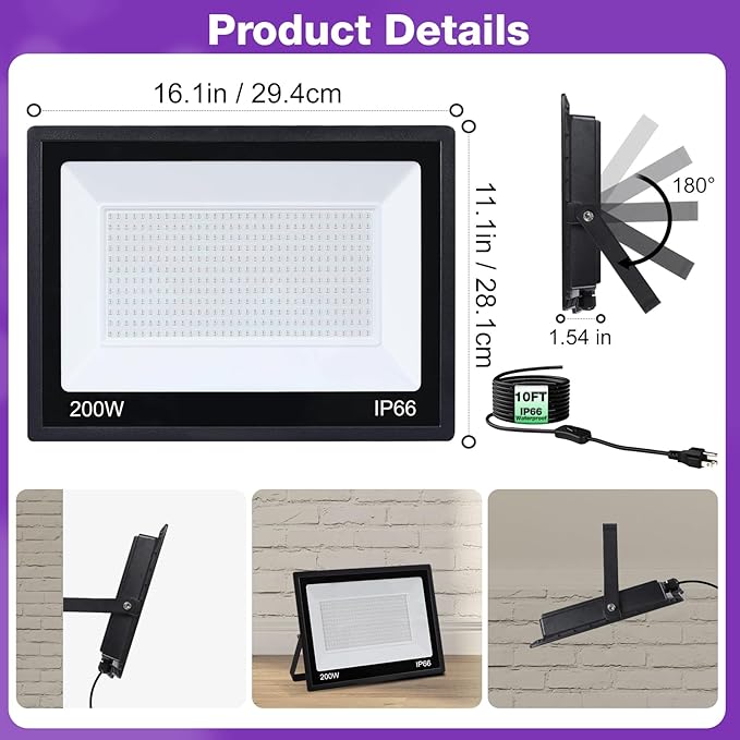 200W IP66 Blacklight Flood Light for Party + 10ft Cable, Waterproof Outdoor LED for Glow in The Dark, Blacklight Party, Christmas, Birthday, Dance, 2 Pack
