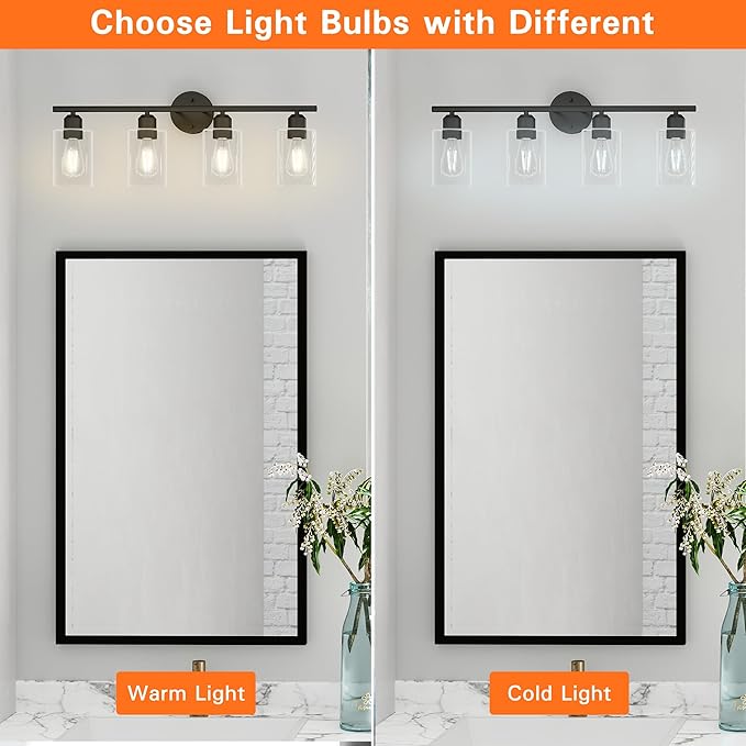 4 Light Bathroom Vanity Light Fixtures Black,Rustic Farmhouse Vanity Lighting Over Mirror Modern Industrial Lamp with Cylinder Glass Shade UL Certified