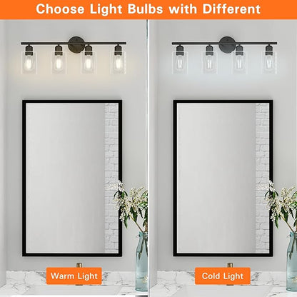 4 Light Bathroom Vanity Light Fixtures Black,Rustic Farmhouse Vanity Lighting Over Mirror Modern Industrial Lamp with Cylinder Glass Shade UL Certified
