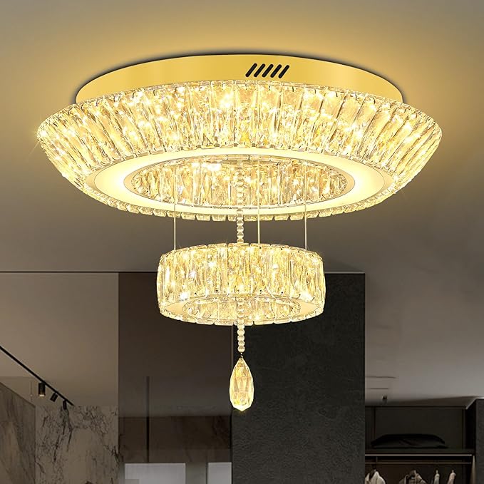 Led 24'' Gold Ring Crystal Chandelier,Modern Luxury 2-Tier Crystal Raindrop Chandeliers Lighting for Dining Living Room LED Dimmable 3000-6000K