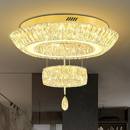 Led 24'' Gold Ring Crystal Chandelier,Modern Luxury 2-Tier Crystal Raindrop Chandeliers Lighting for Dining Living Room LED Dimmable 3000-6000K