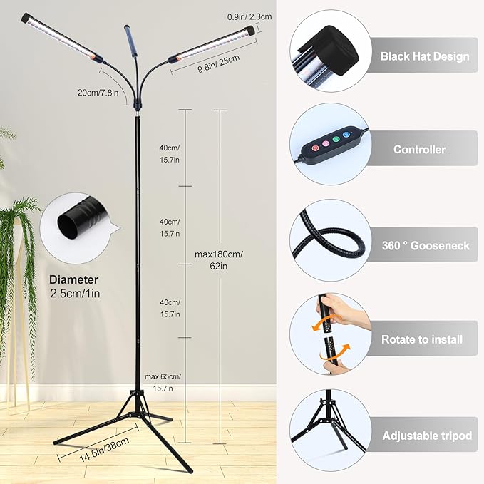 FECiDA 2026 3Head Grow Lights with Upgraded Stand, Standing Grow Lights for Indoor Tall Plants, Bonsai Tree, 4/8/12/16/20 Hr Timer, 27 Watt Power Draw, NO Need Adapter, 24"-72" Height Adjustable