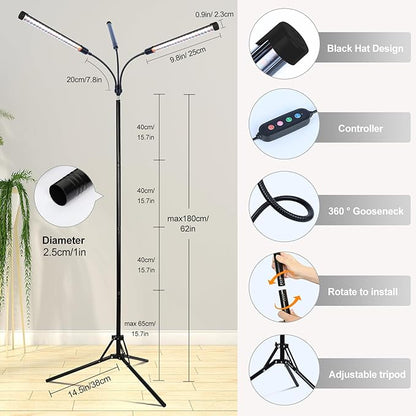 FECiDA 2026 3Head Grow Lights with Upgraded Stand, Standing Grow Lights for Indoor Tall Plants, Bonsai Tree, 4/8/12/16/20 Hr Timer, 27 Watt Power Draw, NO Need Adapter, 24"-72" Height Adjustable
