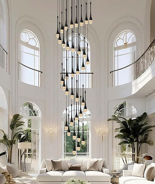 ykolupty H150'' High Ceiling Chandeliers for Entryway 36-Lights Black Spiral Crystal Chandelier Modern Raindrop Chandeliers for Villa Staircase,Hanging Light Fixtures for High Ceiling