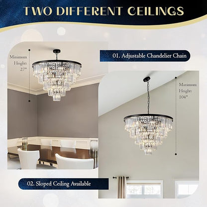 30" Black Crystal Chandelier Large Round Chandeliers Modern 16 Lights 5-Tier Luxury K9 Crystal Ceiling Pendant Lighting Fixture for Foyer Staircase Living Room Dining Room