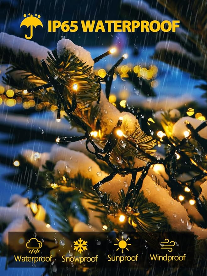 2 Pack 200 LED Solar String Lights for Outside, Solar Christmas Lights Outdoor Waterproof, Solar Outdoor String Light with 8 Lighting Modes for Xmas Tree Wedding Party Garden Decorations (Warm White)