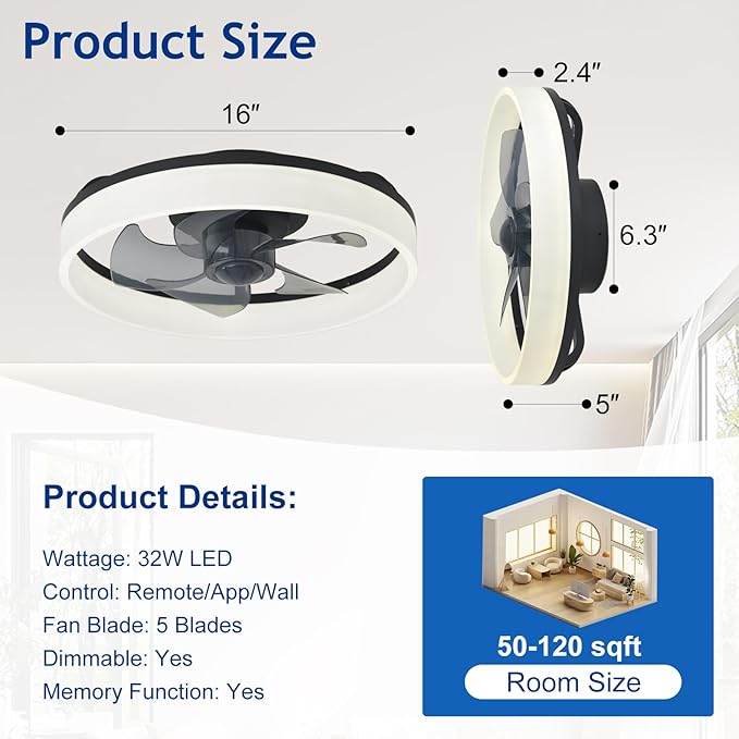 DLLT LED Ceiling Fan with Light: 16" Modern Low Profile Flush Mount Fandelier with App & Remote Control - Dimmable Black Bladeless Fan Light Fixture for Bedroom Kids Room Living Room